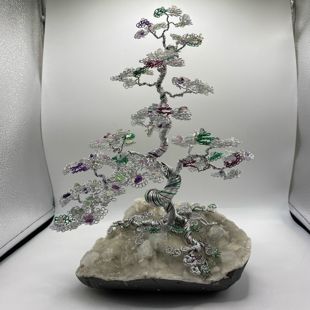 Bonsai Wire Tree on a Real Quartz Crystal  base - Silver, White, Green, Purple